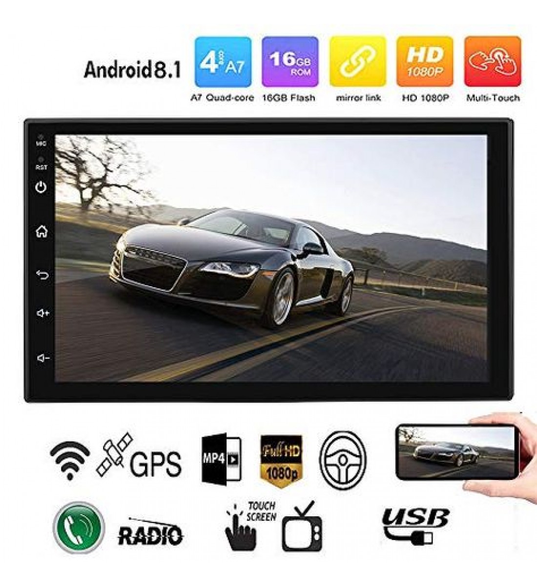 Sistem MP5 Auto 2DIN cu Touchscreen de 7 Inch, Android, WiFi, Bluetooth și GPS + Cameră pentru Marșarier