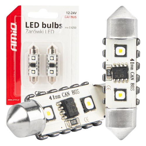 Becuri LED CANBUS Festoon C5W 2SMD 3838 41mm Alb 12V 24V AMIO-04250