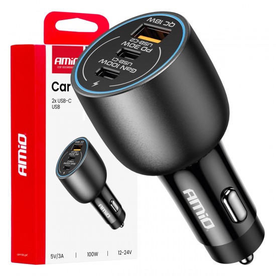 Încărcător auto 2x USB-C + USB-A 12V 24V 100W AMIO-04371