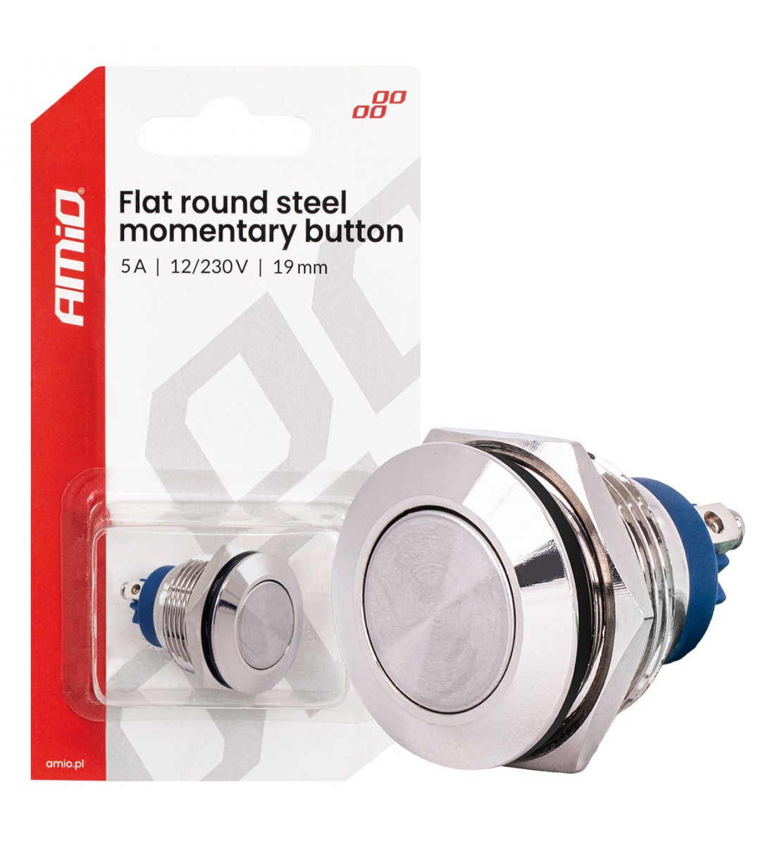 Produs - Buton plat, rotund, din oțel, 19 mm, 5 A, 12/230 V, AMIO-04436 - AutoParadoxSystem.ro