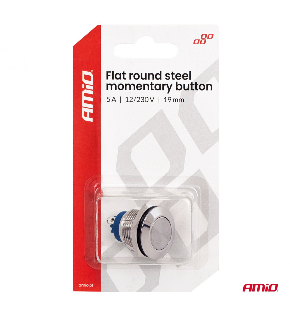 Produs - Buton plat, rotund, din oțel, 19 mm, 5 A, 12/230 V, AMIO-04436 - AutoParadoxSystem.ro