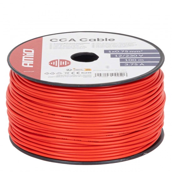 Cablu roșu monofilar CCA 1x0.75mm2 100m 3.75A 12/230V AMIO-04450 Cablu roșu monofilar CCA 1x0.75mm2 100m 3.75A 12/230V AMIO-04450