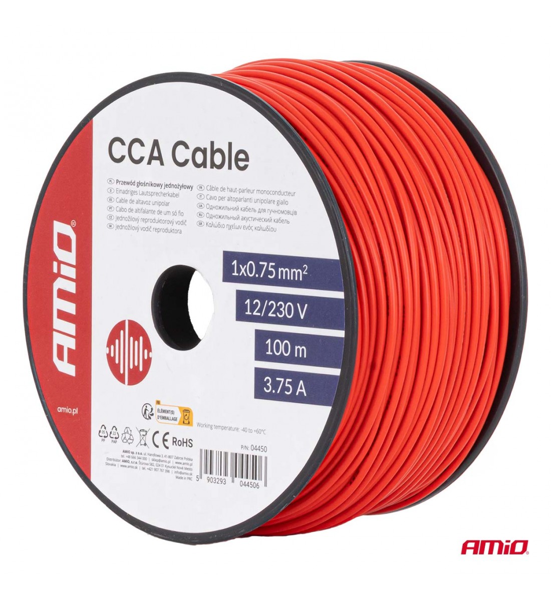 Cablu roșu monofilar CCA 1x0.75mm2 100m 3.75A 12/230V AMIO-04450 - AutoParadoxSystem.ro Produs - Cablu roșu monofilar CCA 1x0.75mm2 100m 3.75A 12/230V AMIO-04450 - AutoParadoxSystem.ro