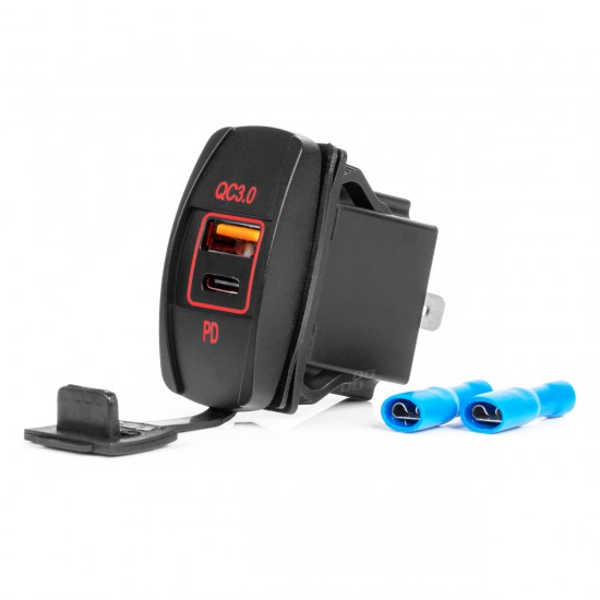 Încărcător de telefon rezistent la apă în formă de barcă cu iluminare de fundal LED ROȘU USB + USB C QC3.0 12/24V  Încărcător de telefon rezistent la apă în formă de barcă cu iluminare de fundal LED ROȘU USB + USB C QC3.0 12/24V