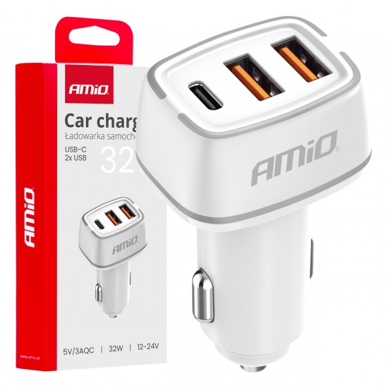 Incarcator auto 2x USB-A + USB-C 32W AMIO-03890 Incarcator auto 2x USB-A + USB-C 32W AMIO-03890