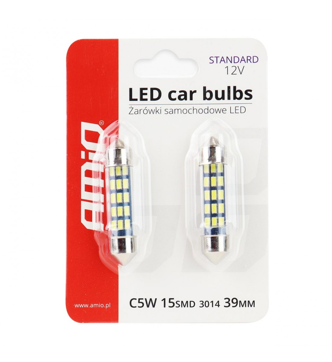 Set 2 becuri auto C5W/Sofit, Standard 3014, 15 SMD, 39 mm, 12V, culoare alb