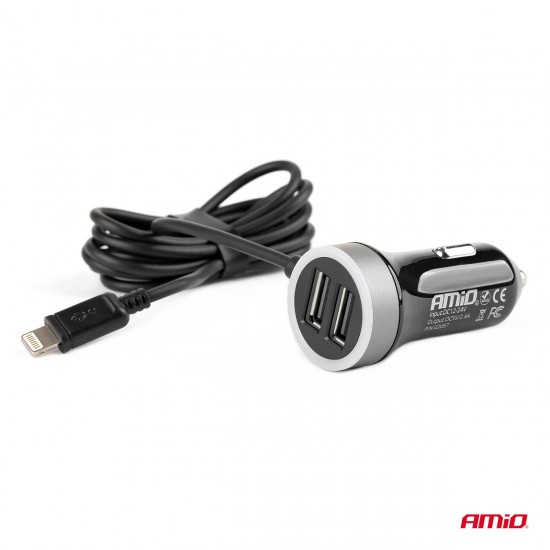 Incarcator Auto, 12/24V + 2xUSB, 2,4A, cablu lightning, 1.2 m Incarcator Auto, 12/24V + 2xUSB, 2,4A, cablu lightning, 1.2 m