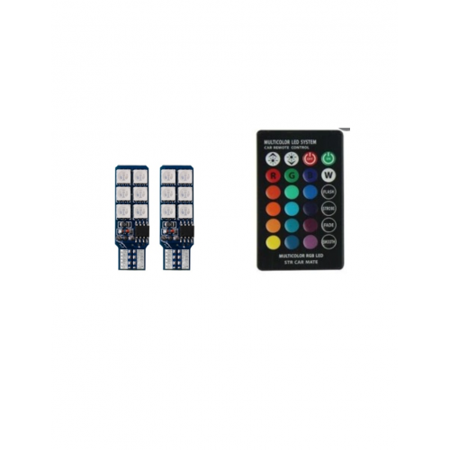 Set 2 becuri auto W5W/T10-12 Smd -RGB cu telecomanda