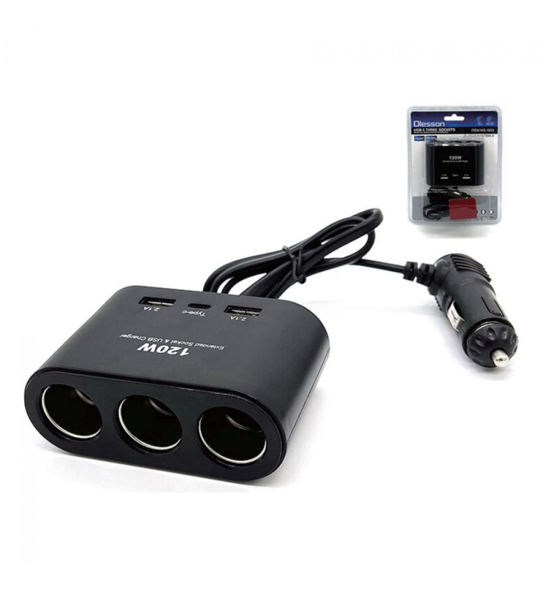 Încărcător Auto Olesson 120W cu 3 Ieșiri, 2 Porturi USB și Port Tip C