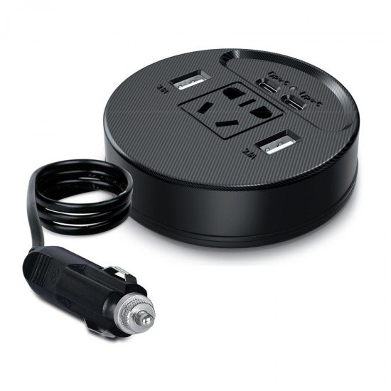 Invertor Auto Olesson 150W Rotund cu 2 Porturi USB 3.1A și 2 Tip C Invertor Auto Olesson 150W Rotund cu 2 Porturi USB 3.1A și 2 Tip C