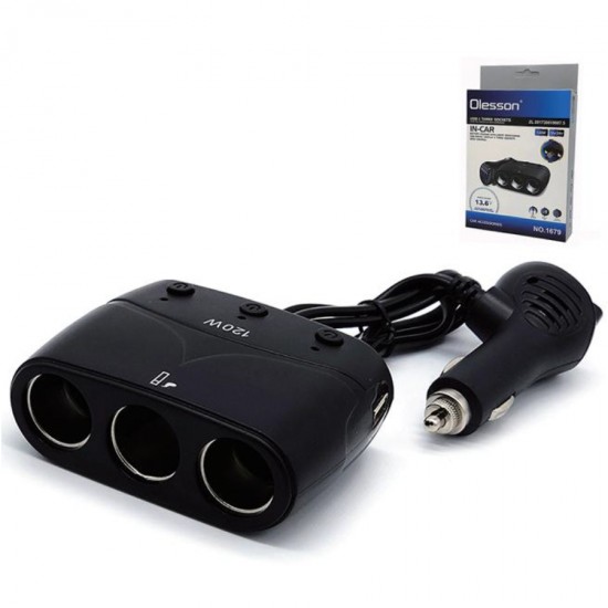 Încărcător Auto Olesson  cu 3 Prize și 2 Porturi USB si voltmetru